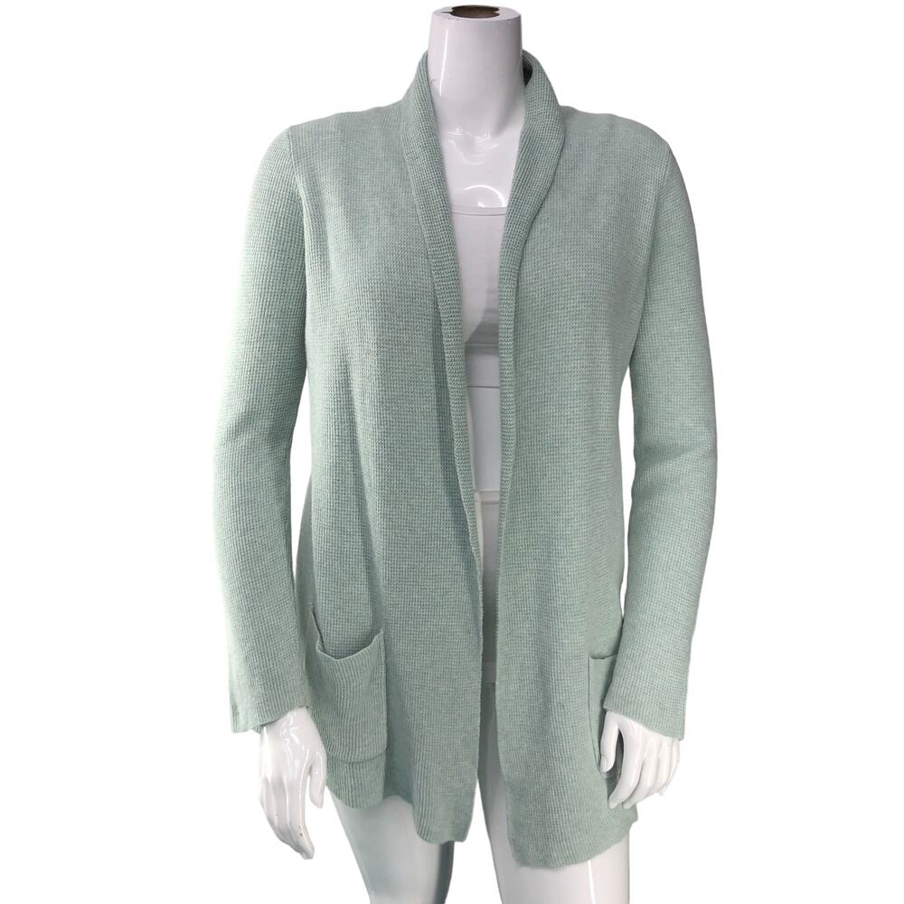 Joan Vass Womens Size L Open Front Cardigan Sweater Sea Foam Front Pockets